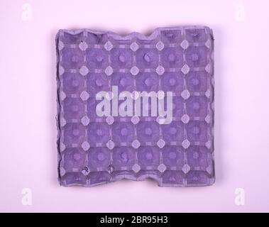 purple protective tray for raw chicken eggs with cells, full frame, close up Stock Photo