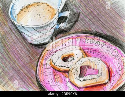 Line art with donuts and coffee. Two Leningrad donuts with icing sugar on a pink plate with a pattern. Barrel coffee with condensed milk with froth in Stock Photo
