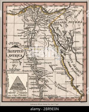 'Aegyptus antiqua [Ancient Egypt].' Map shows important landmarks of ancient Egypt, Place names are in Latin. This is a beautifully detailed historic map reproduction. Original from a British atlas published by famed cartographer William Faden was created circa 1798. The map indicates knowledge of ancient Egypt as of the late 18th century. Stock Photo