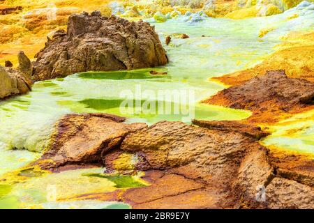 Beautiful small sulfur lakes Dallol, Ethiopia. Danakil Depression is the hottest place on Earth in terms of year-round average temperatures. It is als Stock Photo