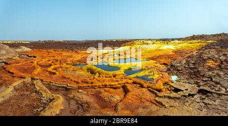 Beautiful small sulfur lakes Dallol, Ethiopia. Danakil Depression is the hottest place on Earth in terms of year-round average temperatures. It is als Stock Photo