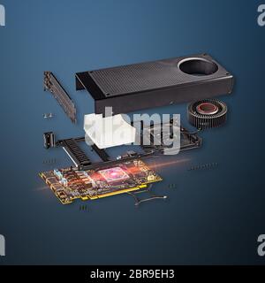 Explode view of new reference modern gaming graphics card on white ...
