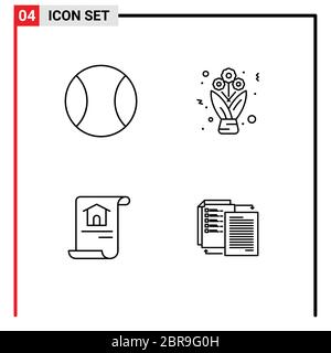 4 Universal Line Signs Symbols of ball, home, bouquet, roses, file Editable Vector Design Elements Stock Vector