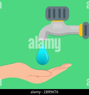 water tap with drop water and hand for save water concept vector illustration Stock Vector