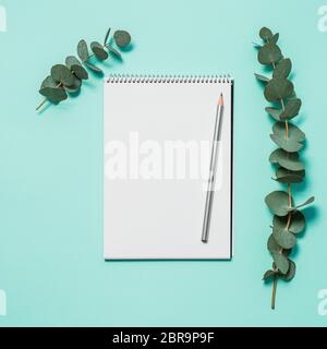 Blank notebook, pencil and eucalyptus on blue background. Empty notebook paper and eucalyptus branch on pastel blue background with copy space for tex Stock Photo