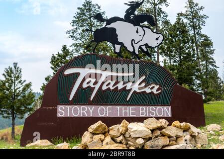 Deadwood, SD, USA - May 30, 2019: Tatanka Story of Bison signage post Stock Photo