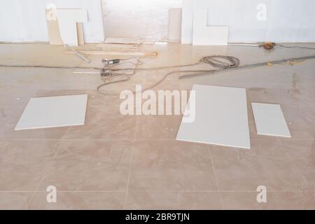 gypsum board sheet decorate in interior room building construction site Stock Photo