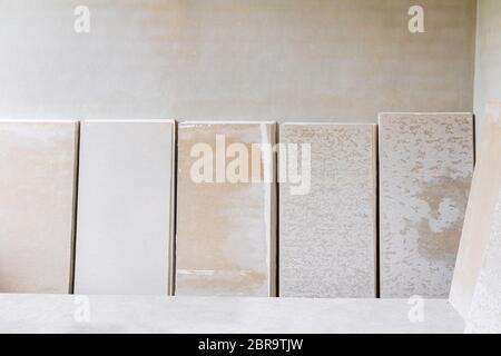 gypsum board sheet decorate in interior room building construction site Stock Photo