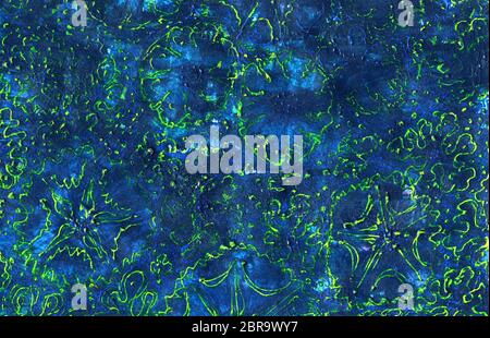 Abstract blue light green neon background. Grunge texture with scratches, dots and lines, with contours of flowers. Yellow-green, gently blue and blue Stock Photo