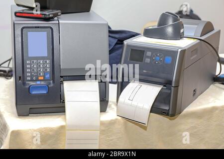 Two Barcode Label Printers Equipment for Distribution Warehouse Stock Photo