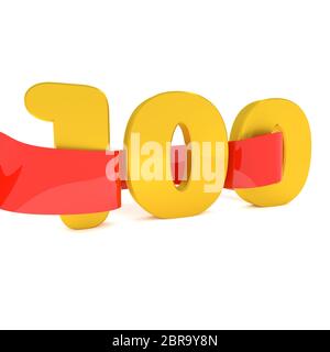 Big golden 100 with a red ribbon, 3d rendering Stock Photo