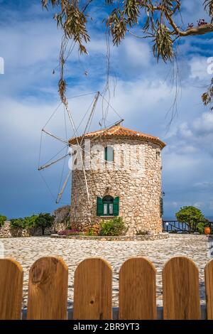 Old windmill in Skinari Cape, Zakynthos island, Greece Stock Photo