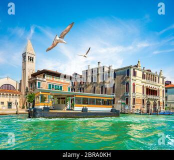 Vaporetto stop in Venice near ancient buildings, Italy Stock Photo