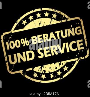 EPS 10 vector with round golden colored grunge stamp with banner and text 100% advice and service (in german) Stock Photo