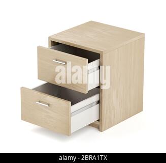 Nightstand with two opened drawers on white background Stock Photo