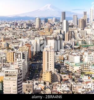 aerial view of Tokyo skylines and skyscrapers buildings in Shinjuku ward in Tokyo with Mountain Fuji in background Stock Photo