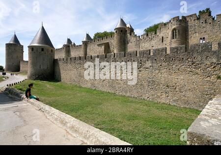 Towers and wall of fortified city of Carcassonne.Aude.Occitanie.France Stock Photo