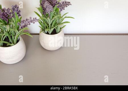 Bouquet of dry lavender in ceramic pot with white wall. Copy space for text. modern design Stock Photo