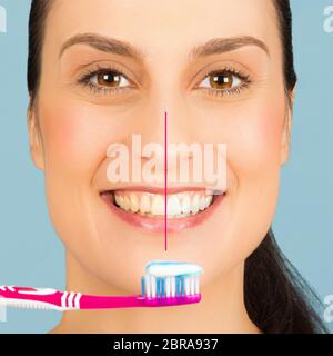 Healthy white teeth of smiling woman before and after brushing teeth, close-up portrait, dental care and teeth whitening concept. Stock Photo