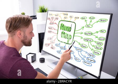 Close-up Of A Businessman Making Mind Map Chart On Computer At Workplace Stock Photo