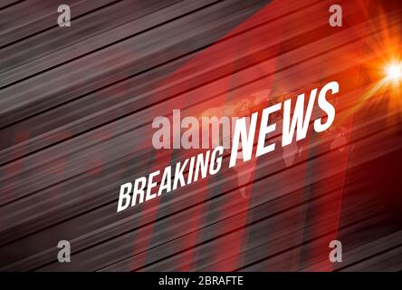 Graphical Breaking News Background Red Theme Background with White Breaking News text and lens flare at right edge. Stock Photo