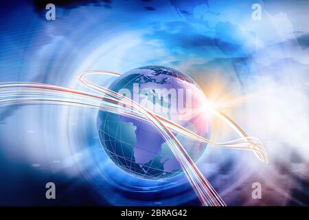 Digital world, connectivity background, data transfer lines moving fast around the earth globe. Stock Photo