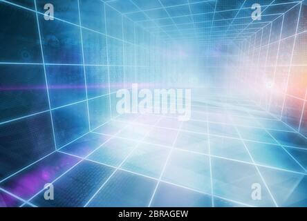Futuristic World, High tech Enclosed Studio Backdrop, Multiple technological Window Screen Grids. Stock Photo