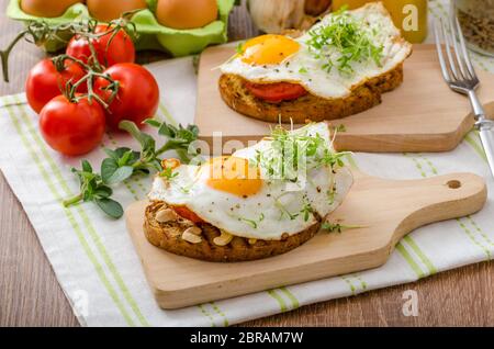 Healthy dinner - a panini garlic toast with fried egg, peanuts and tomatoes, sprinkled microgreens Stock Photo