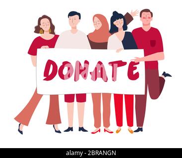 Volunteers campaign holding banner to invite people make donation modern flat cartoon style. Stock Vector