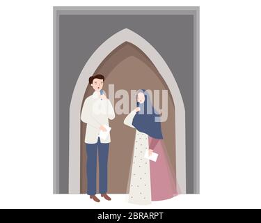 Man and woman host standing present Islam ceremony on stage holding microphone Stock Vector