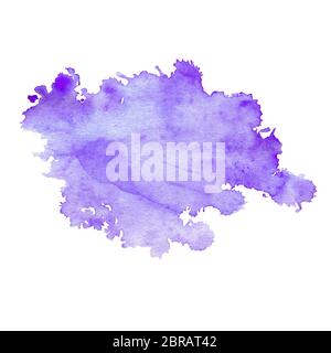 Watercolor stain of neon purple with splashes and stains. An isolated scarlet spot on a white background. Bright crimson blot drawn by hand. Stock Photo