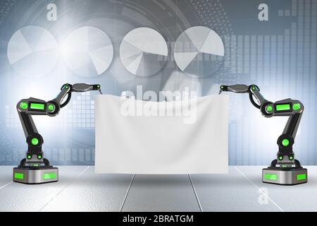 Blank poster supported by the robotic arms Stock Photo