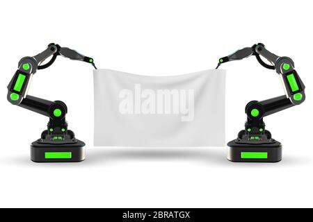 Blank poster supported by the robotic arms Stock Photo