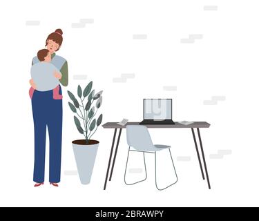 mother works from home holding her child. modern flat cartoon design. Stock Vector