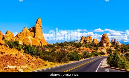 Sandstone Pinnacles and other Rock Formations along Arches Scenic Drive in Arches National Park near the town of Moab in Utah, United States Stock Photo