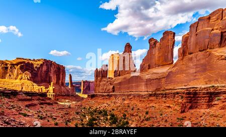 Sandstone Hoodoos, Pinnacles and Rock Fins at the Park Avenue valley in Arches National Park near Moab, Utah, United States Stock Photo