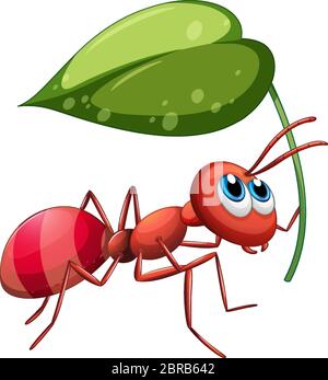 Ant holding green leaf illustration Stock Vector