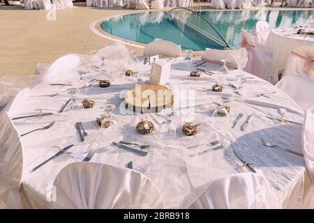 Wedding decorations for table in rustic style Stock Photo