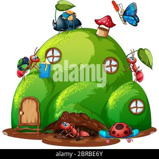 Many insects on the hill house on white background illustration Stock Vector