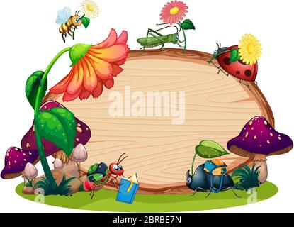 Border template design with insects in the garden background illustration Stock Vector