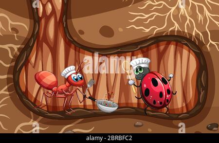 Underground scene with ant and ladybug cooking illustration Stock Vector