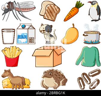 Large set of different food and other items on white background illustration Stock Vector