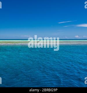 Sea and sky. Perfect blue sea water and blue sky with white fluffy clouds, tropical beach seascape and sea view. Horizontal background of blue sea. Pa Stock Photo