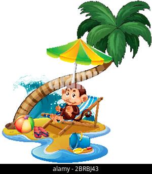Scene with monkey sitting on the beach on white background illustration Stock Vector