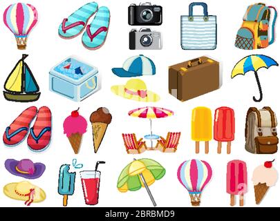Large set of different summer objects on white background illustration Stock Vector
