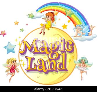 Font design for word magic land with fairies flying illustration Stock Vector