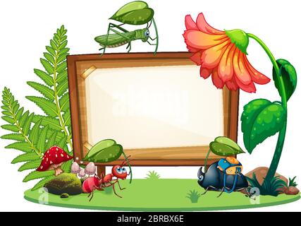 Border template design with insects in the garden background illustration Stock Vector