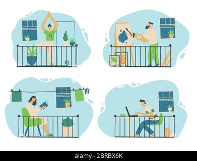 Set of people character on the quarantine. Stay home, social distance, online work, postive rest, yoga, book reading, coronavirus protect concept design. Flat design people. Vector illustration. Stock Vector