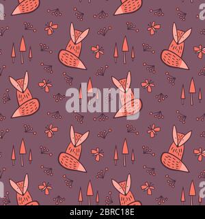 Hand drawn foxes seamless pattern. Cute doodle characters on purple background. Vector illustration. Stock Vector