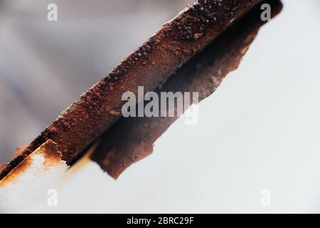 Scrap metal. Rust under a coat of paint. Peeled off white paint. Corrosion on an old satellite dish. Close-up. Macro. Corrosion of metal Stock Photo